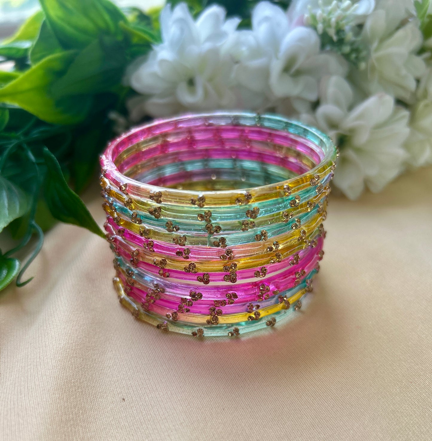 Premium jansi stone Glass bangles -Multicolor