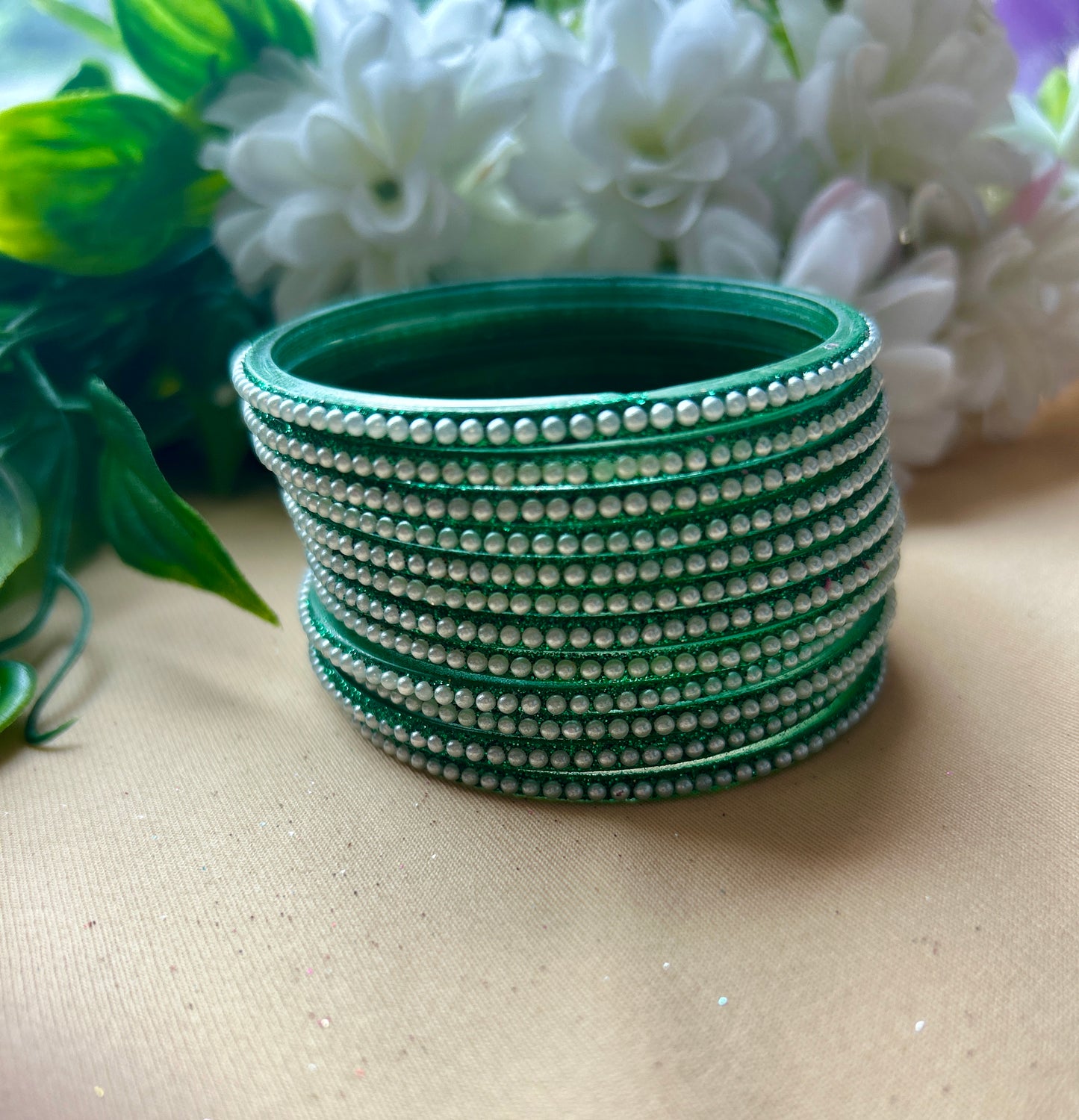 Premium & Trendy Pearl Glass Bangles - Bottle Green