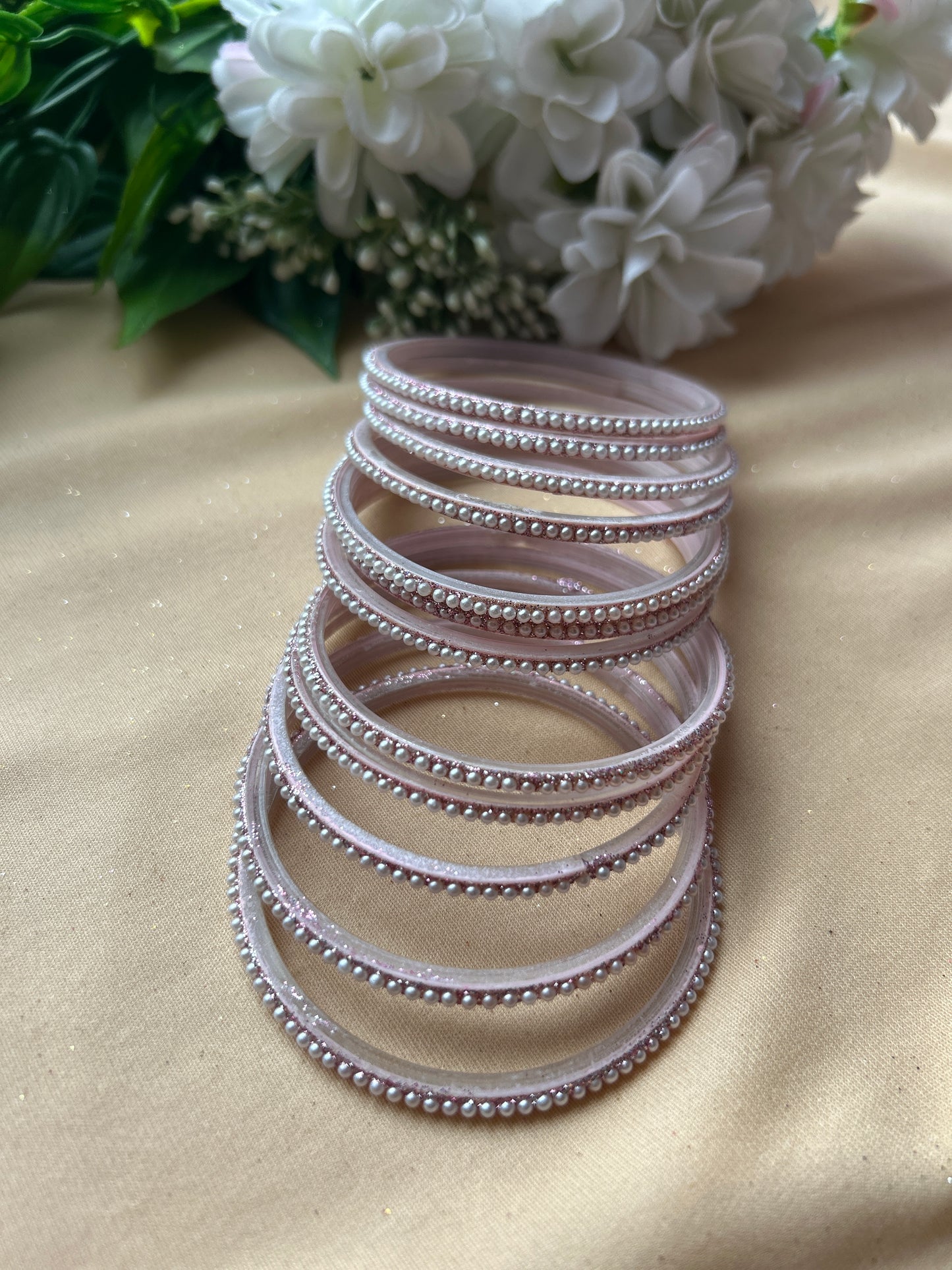 Premium & Trendy Pearl Glass Bangles -Pink