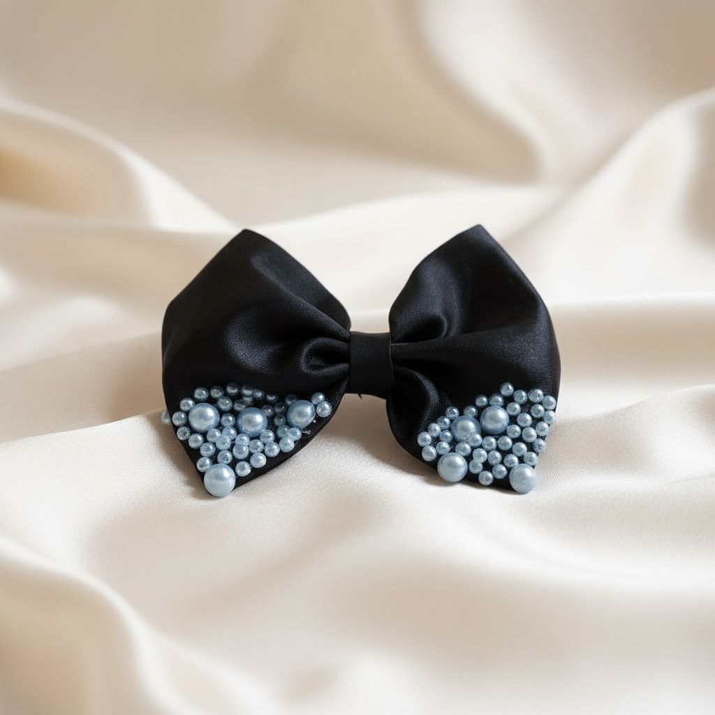 Satin Hair Bows High Quality fabric with beads - Black