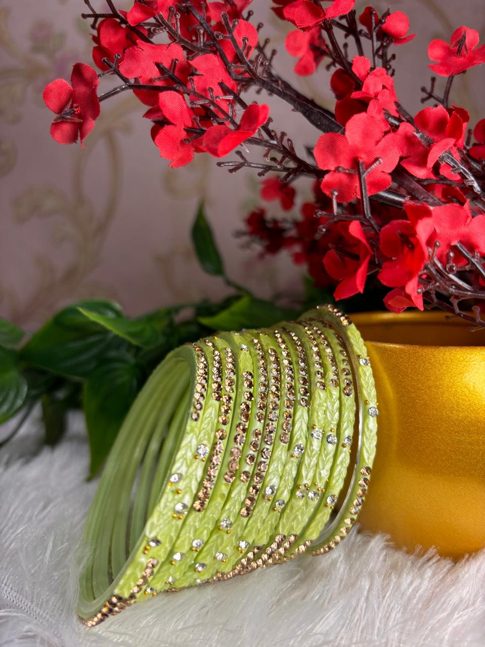 Elegant Green Designer Glass Bangles – Stone Studded Bridal Collection