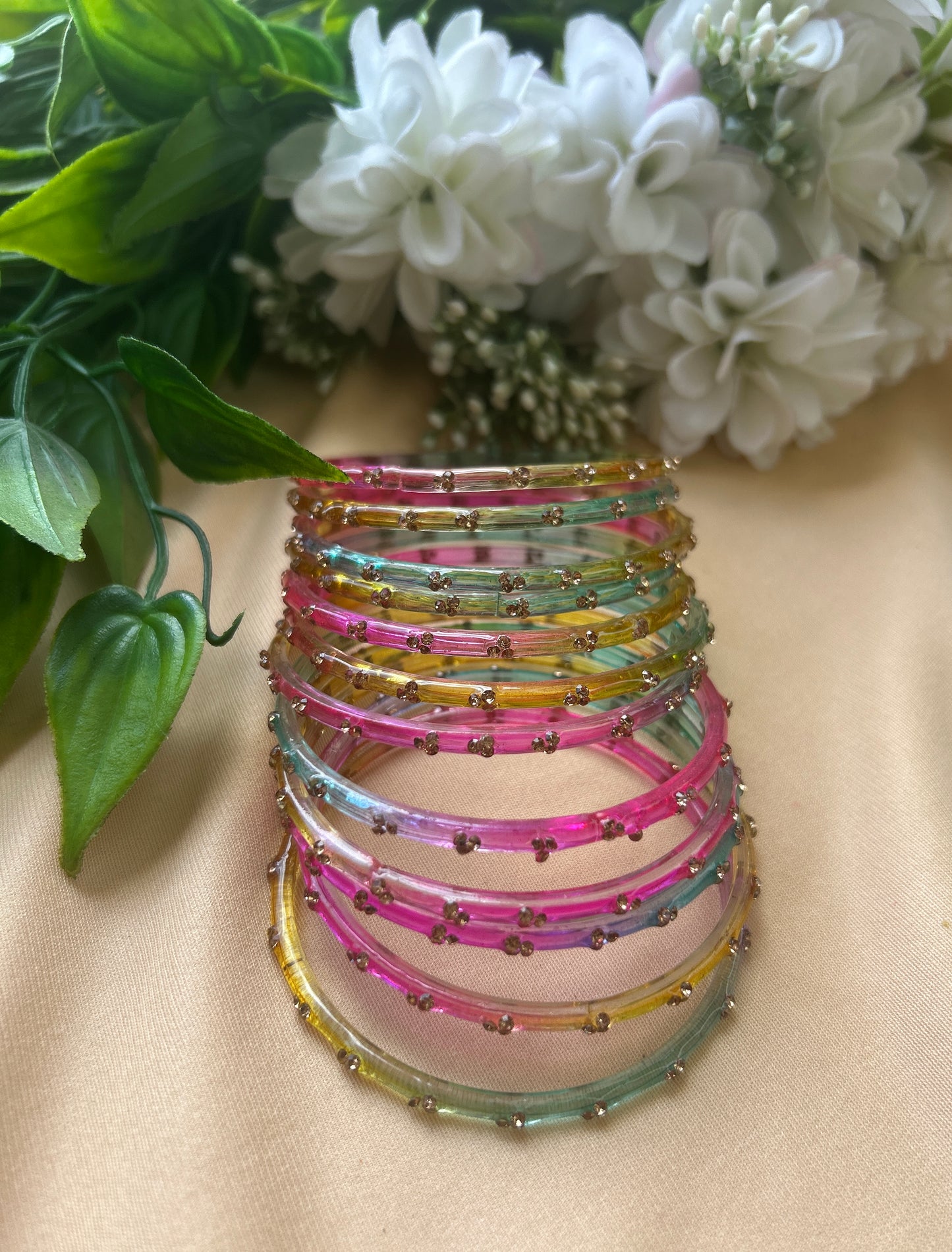 Premium jansi stone Glass bangles -Multicolor
