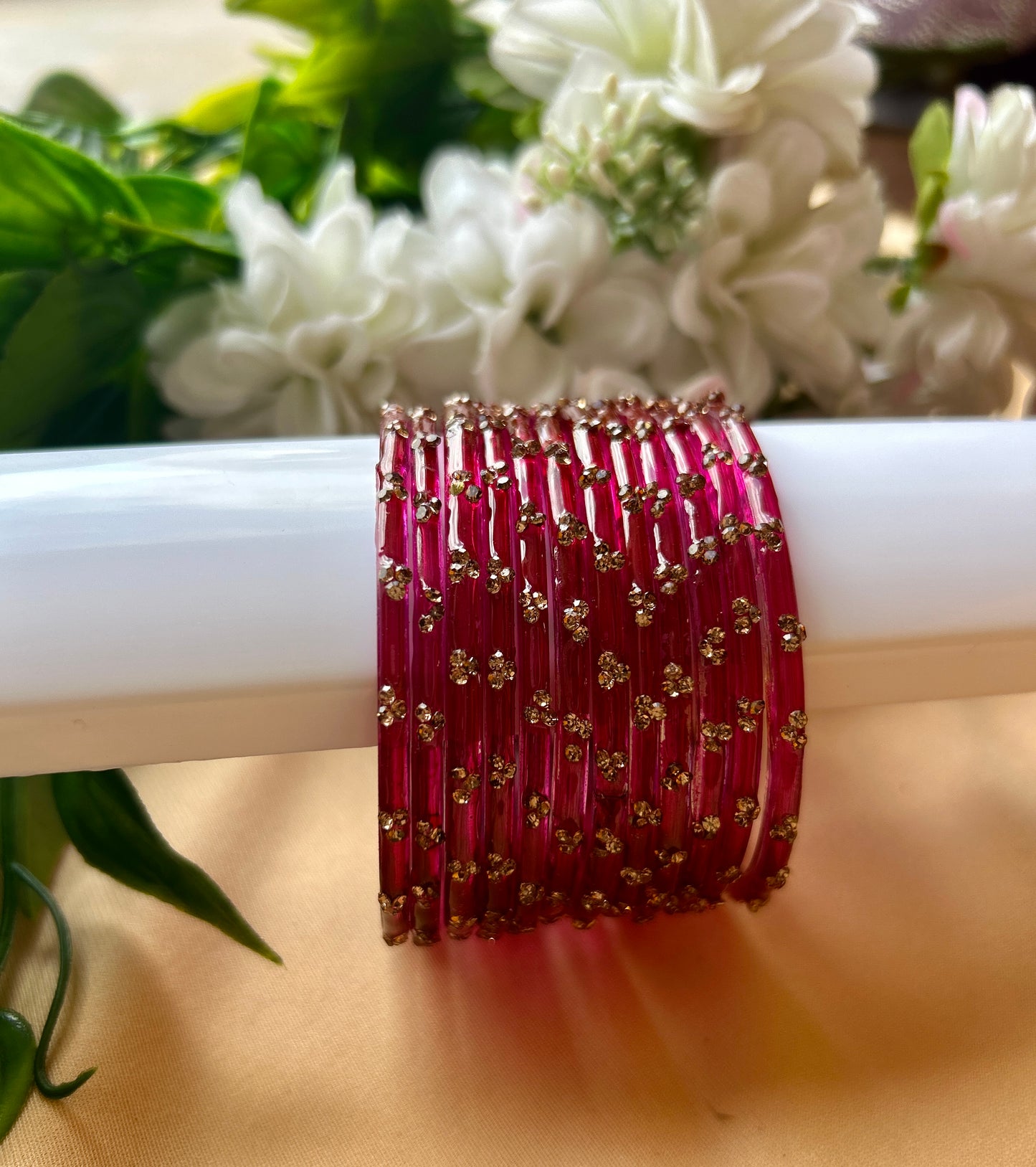 Premium jansi stone Glass bangles - Rani Pink