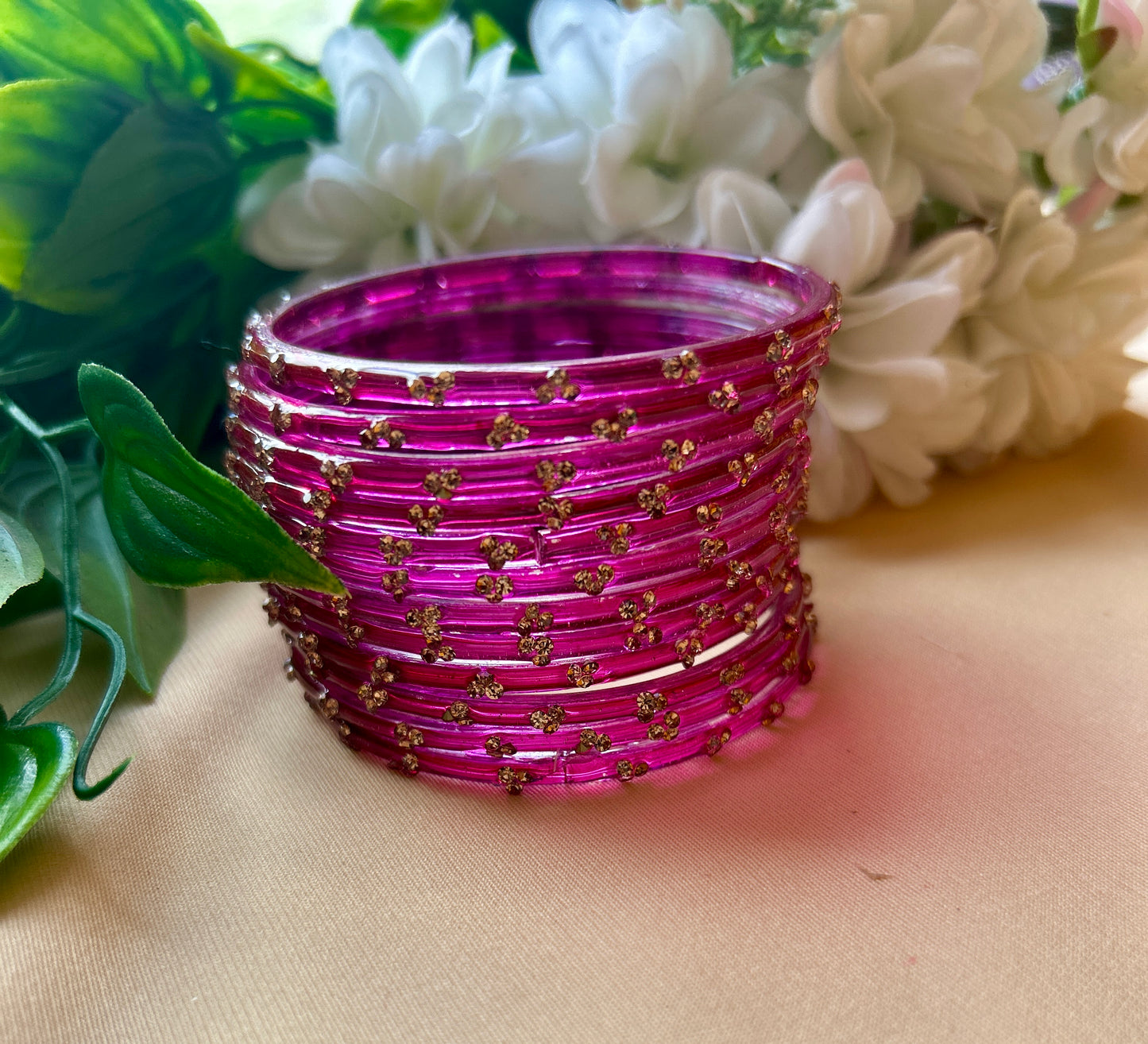 Premium jansi stone Glass bangles - Rani Pink