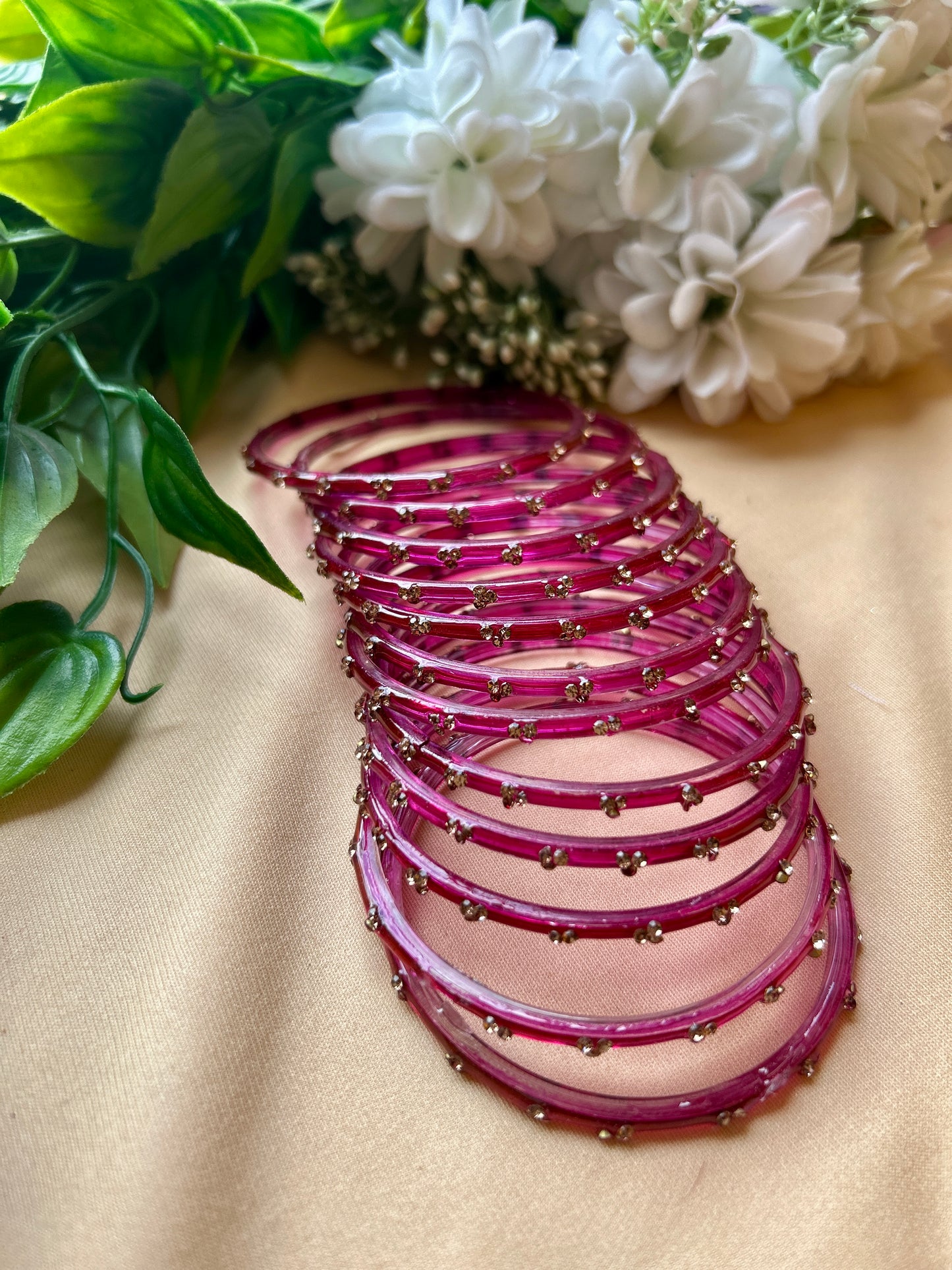 Premium jansi stone Glass bangles - Rani Pink