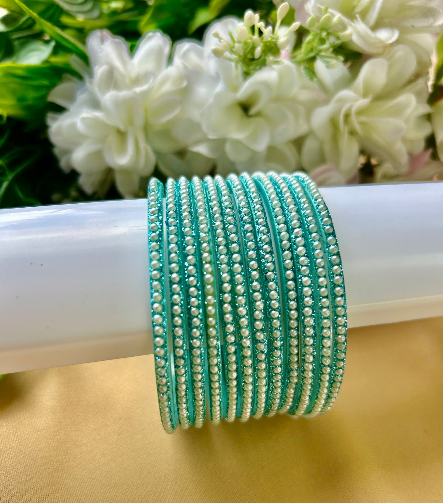 Premium & Trendy Pearl Glass Bangles - Sky Blue
