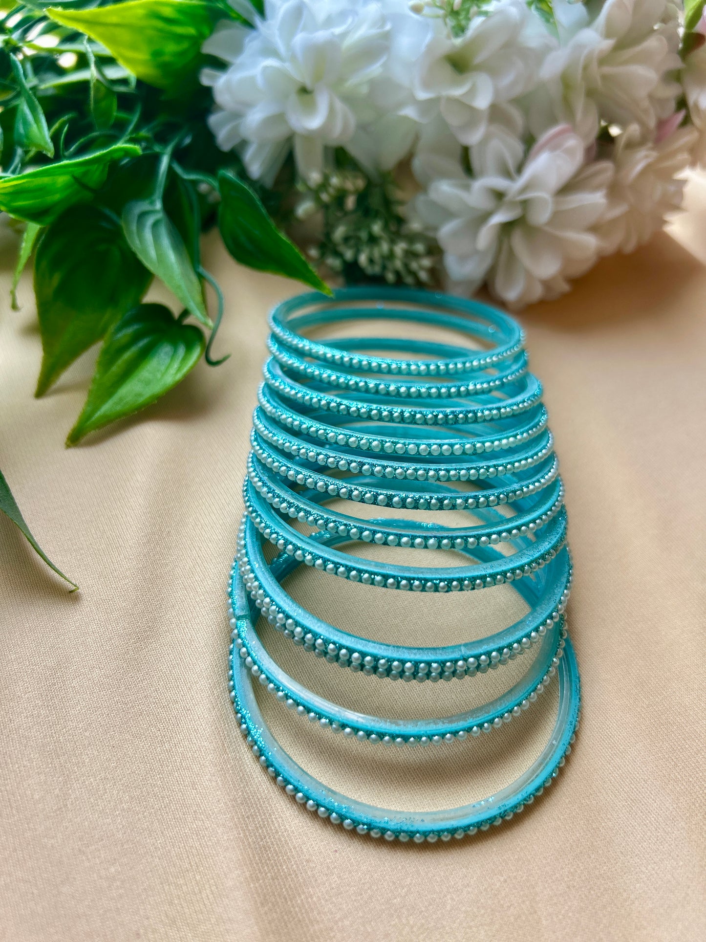 Premium & Trendy Pearl Glass Bangles - Sky Blue