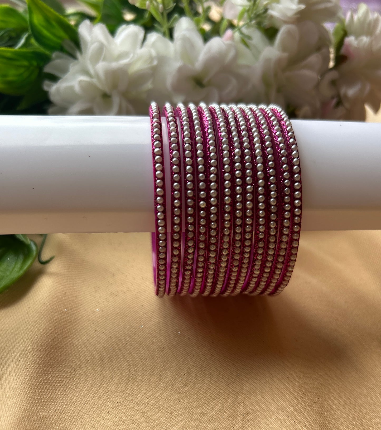 Premium & Trendy Pearl Glass Bangles - Rani Pink