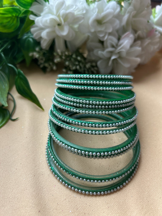Premium & Trendy Pearl Glass Bangles - Bottle Green