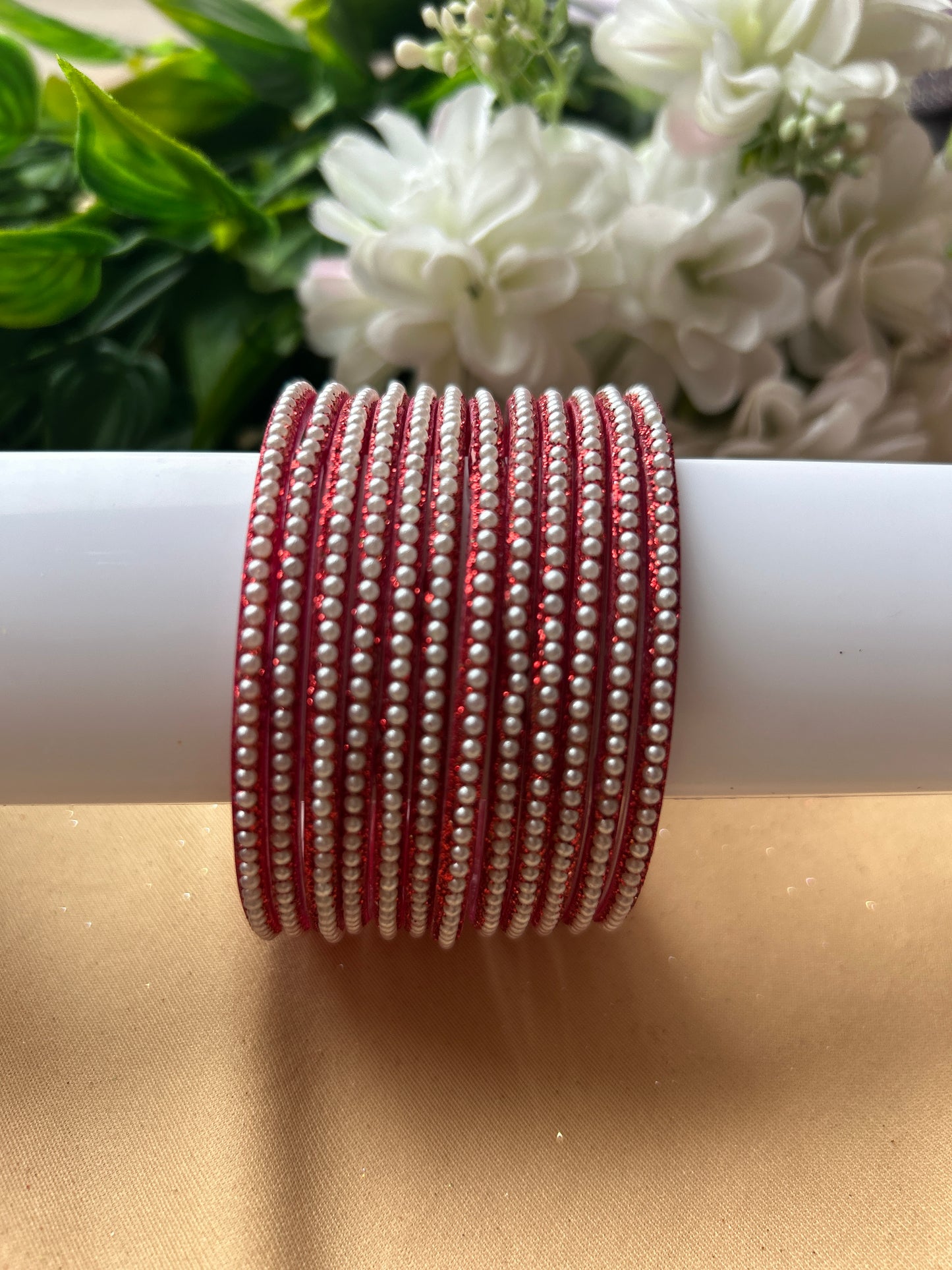 Premium & Trendy Pearl Glass Bangles - Red