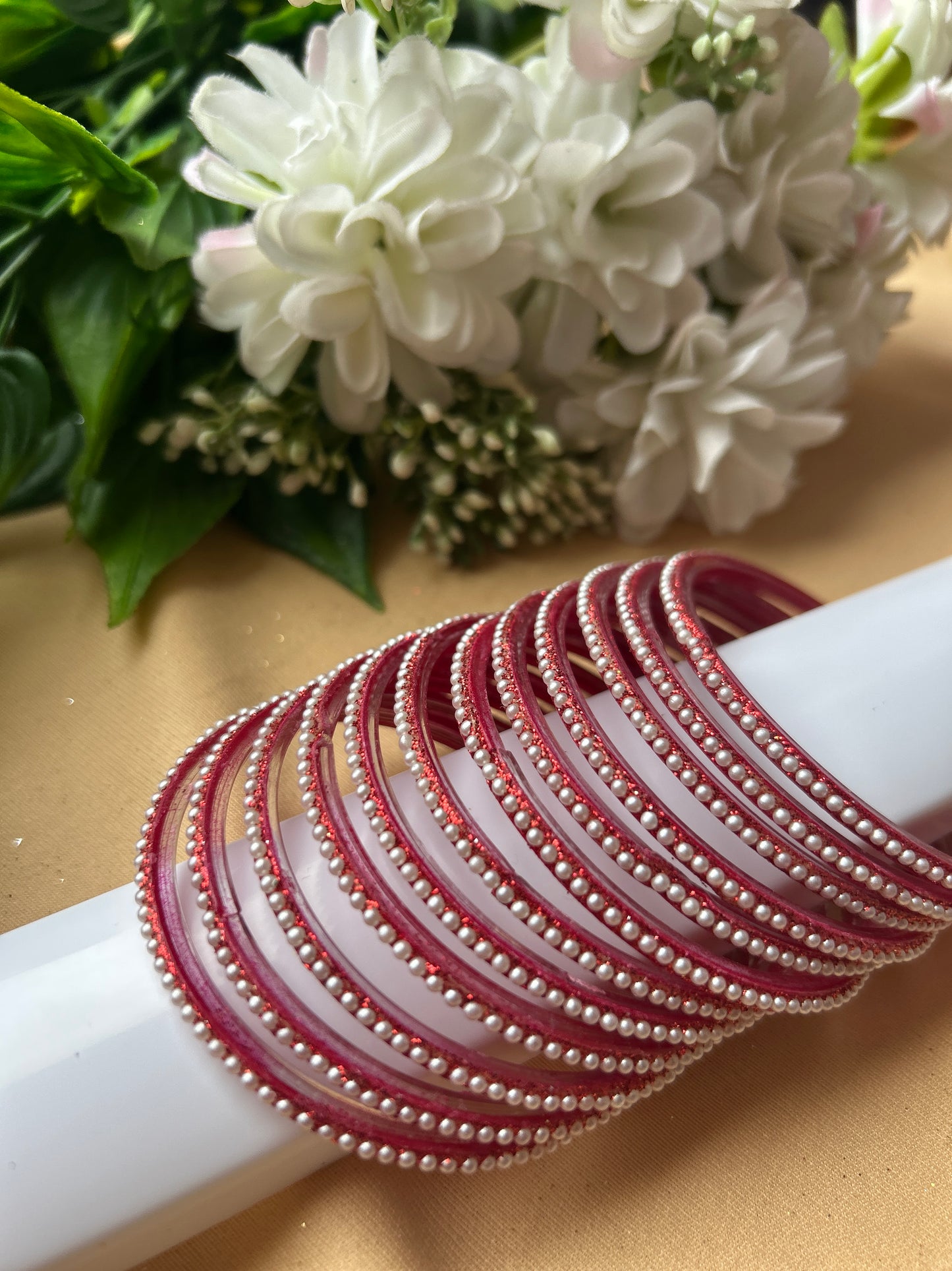 Premium & Trendy Pearl Glass Bangles - Red