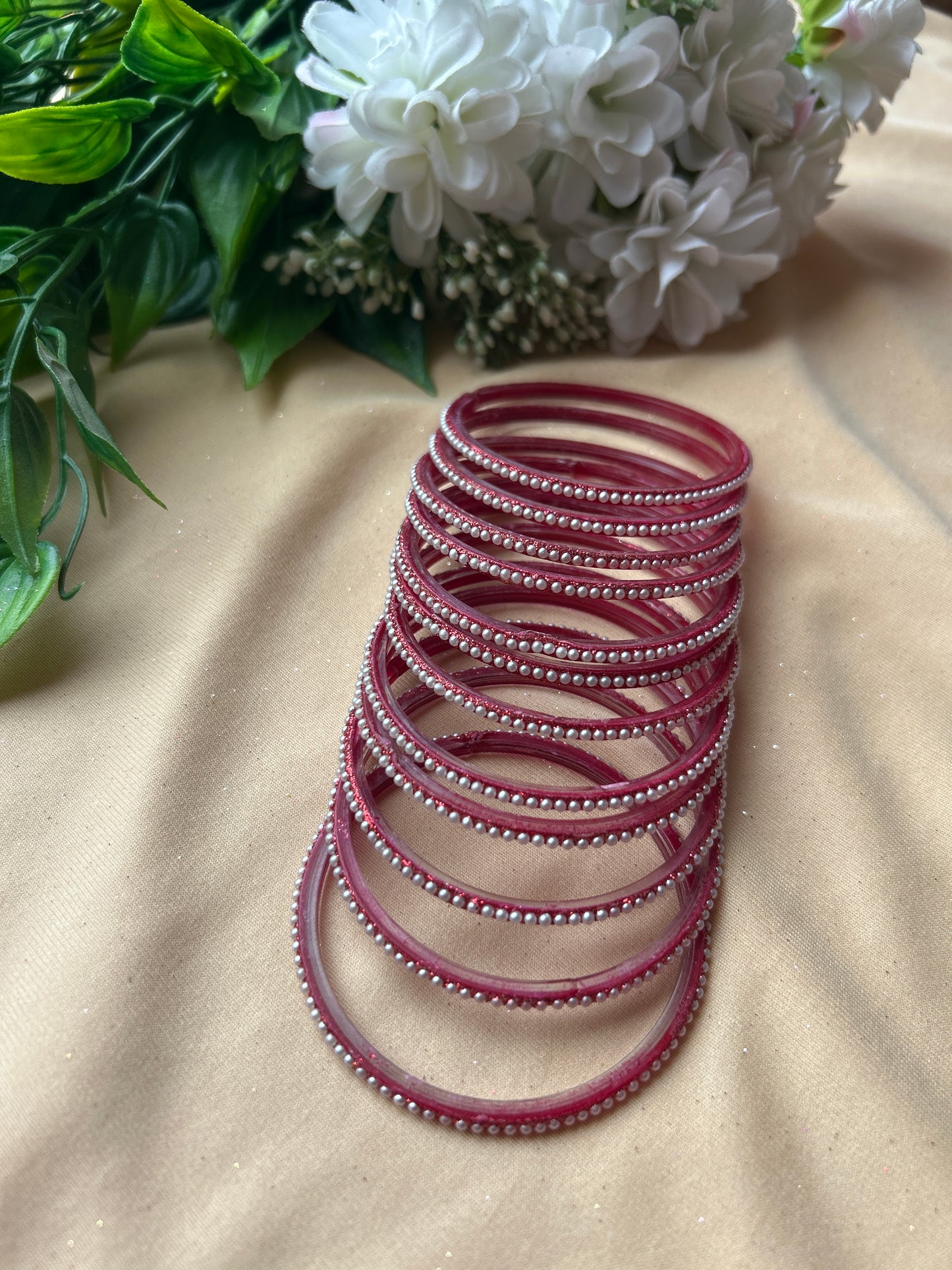 Premium & Trendy Pearl Glass Bangles - Red