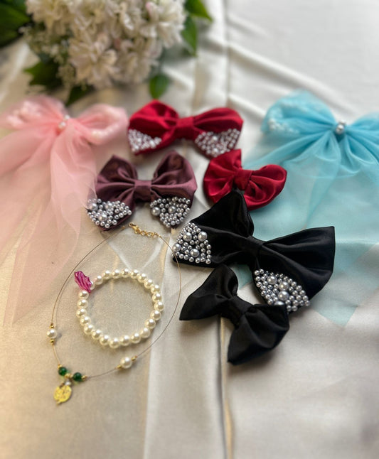 Satin Hair Bows High Quality Fabric With Invisible Chain Combo set
