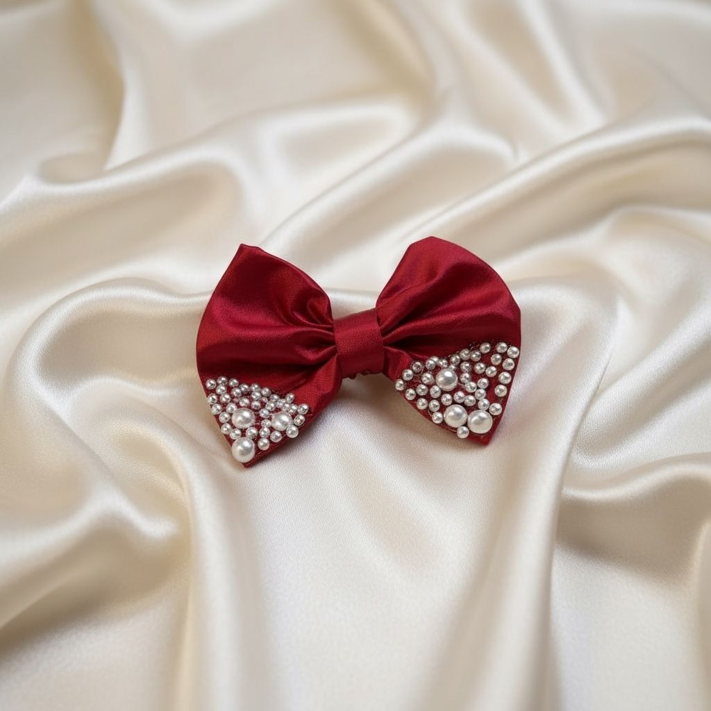 Satin Hair Bows High Quality fabric with beads  -RED