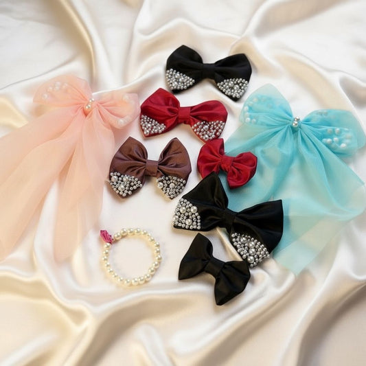 Satin Hair Bows High Quality fabric with beads  - Multicolour