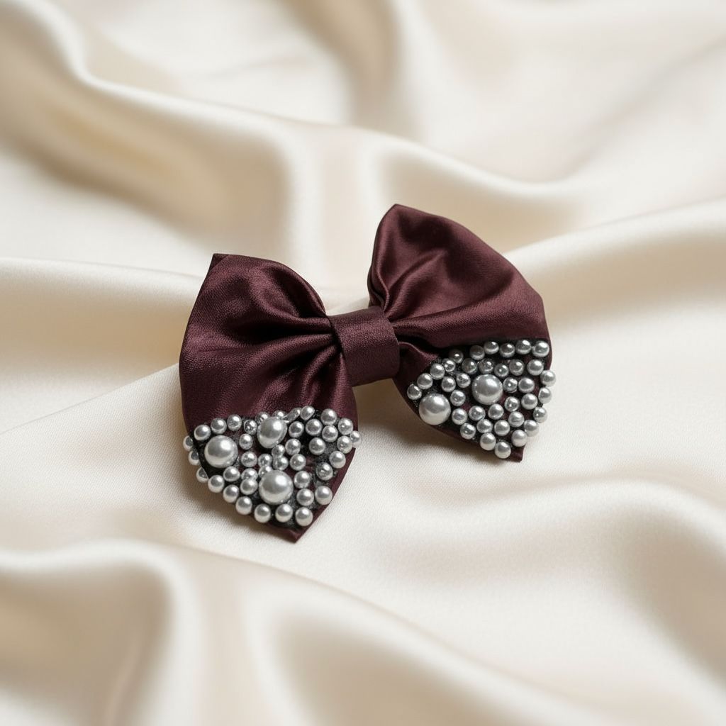 Satin Hair Bows High Quality fabric with beads  -BROWNISH