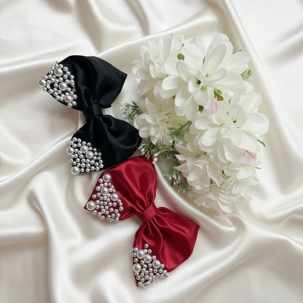 Satin Hair Bows High Quality fabric with beads  - Black & Red