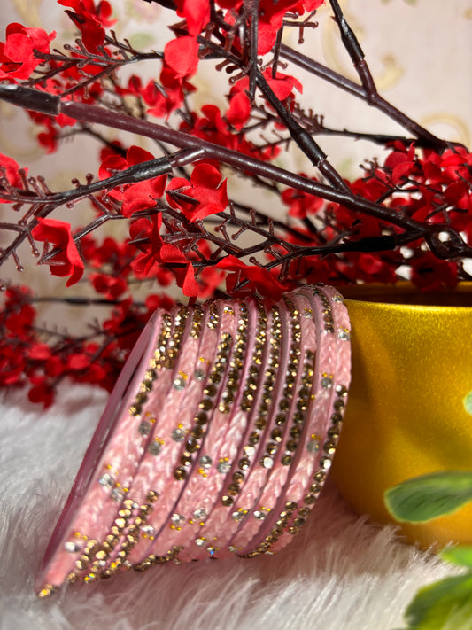 Elegant Rose Pink Designer Glass Bangles – Stone Studded Bridal Collection.