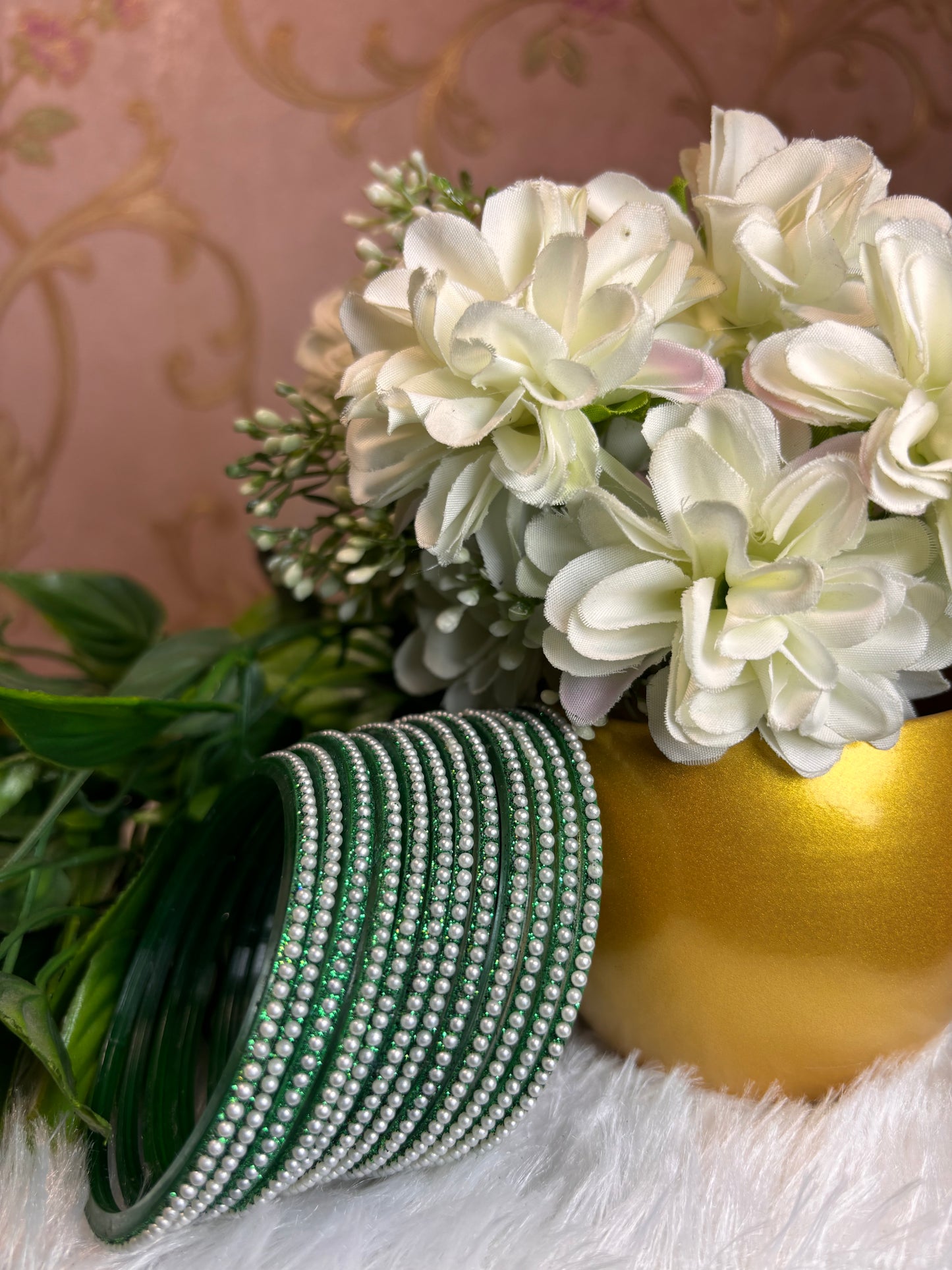 Premium & Trendy Pearl Glass Bangles - Bottle Green