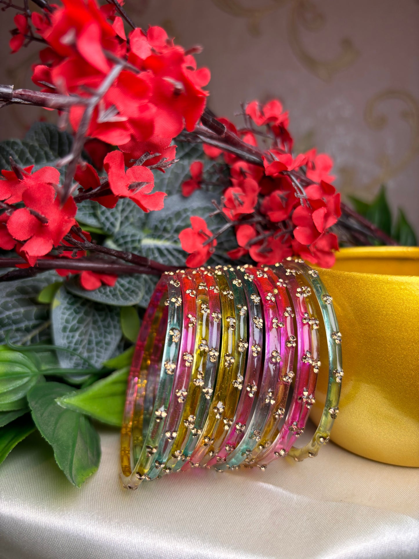 Premium jansi stone Glass bangles -Multicolor