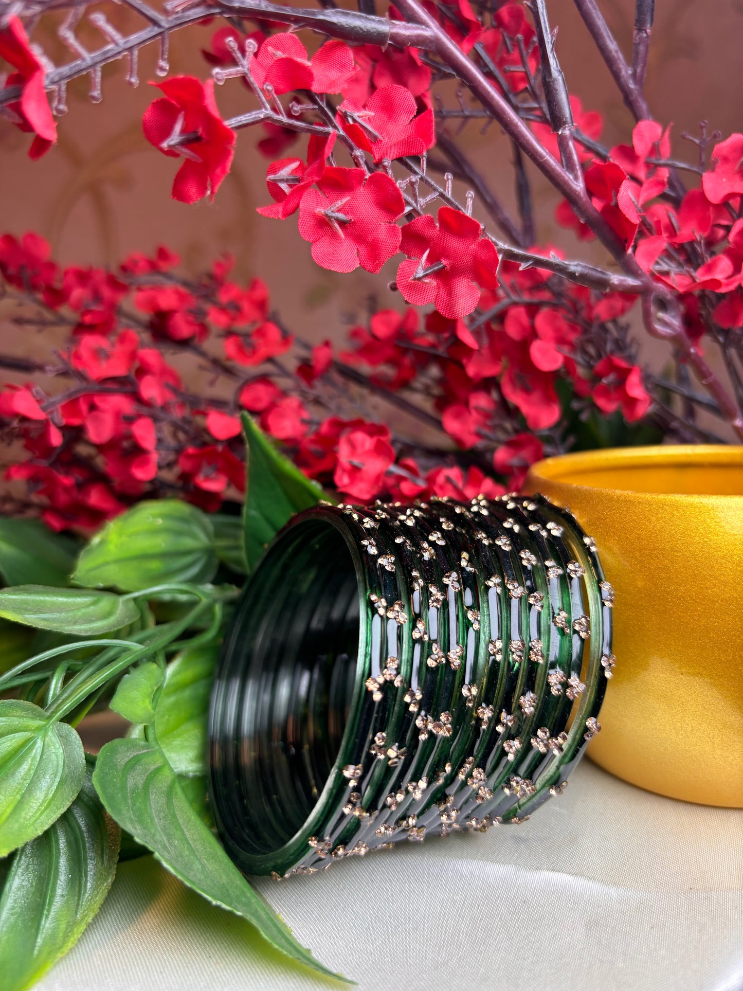 Premium jansi stone Glass bangles -Dark Green